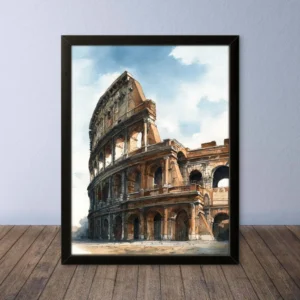 Cornice Quadro Disegno Acquarello su Roma (Colosseo, Piazza di Spagna, Vaticano) – Arte [S1] 001