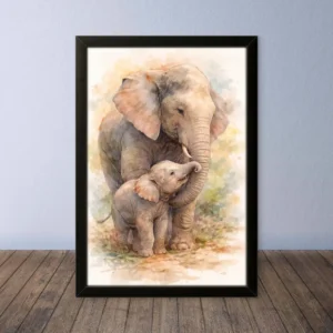 Cornice Quadro Disegno Acquarello su Elefanti (Animali e Natura) Arte [S1] 002