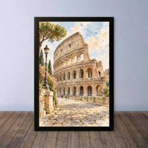 Cornice Quadro Disegno Acquarello su Roma (Colosseo, Piazza di Spagna, Vaticano) – Arte [S3] 001