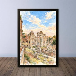 Cornice Quadro Disegno Acquarello su Roma (Colosseo, Piazza di Spagna, Vaticano) – Arte [S4] 002