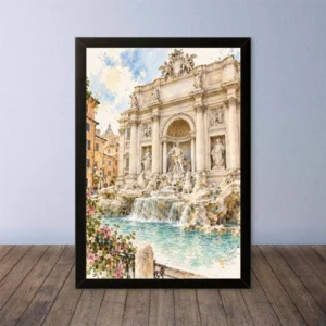 Cornice Quadro Disegno Acquarello su Roma (Colosseo, Piazza di Spagna, Vaticano) – Arte [S3] 002