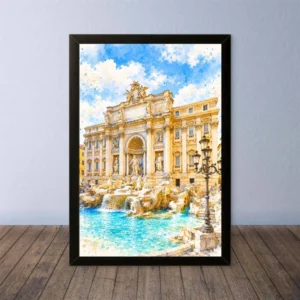Cornice Quadro Disegno Acquarello su Roma (Colosseo, Piazza di Spagna, Vaticano) – Arte [S4] 003