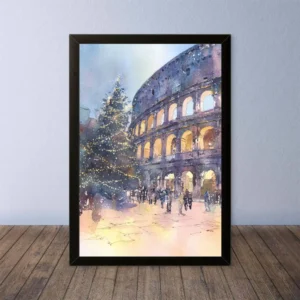 Cornice Quadro Disegno Acquarello su Roma (Colosseo, Piazza di Spagna, Vaticano) – Arte [S6] 003