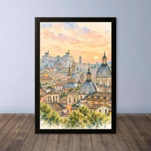 Cornice Quadro Disegno Acquarello su Roma (Colosseo, Piazza di Spagna, Vaticano) – Arte [S4] 004