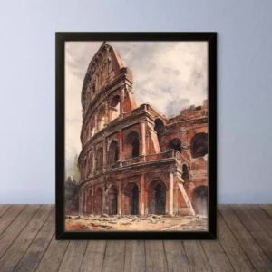 Cornice Quadro Disegno Acquarello su Roma (Colosseo, Piazza di Spagna, Vaticano) – Arte [S1] 005