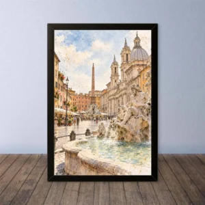 Cornice Quadro Disegno Acquarello su Roma (Colosseo, Piazza di Spagna, Vaticano) – Arte [S3] 004