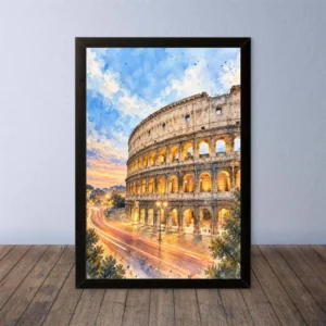 Cornice Quadro Disegno Acquarello su Roma (Colosseo, Piazza di Spagna, Vaticano) – Arte [S4] 005