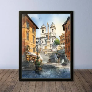 Cornice Quadro Disegno Acquarello su Roma (Colosseo, Piazza di Spagna, Vaticano) – Arte [S1] 006
