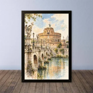 Cornice Quadro Disegno Acquarello su Roma (Colosseo, Piazza di Spagna, Vaticano) – Arte [S3] 005