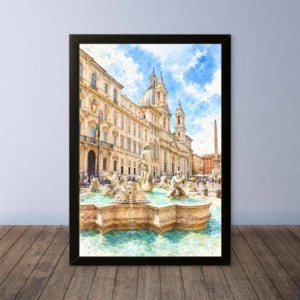 Cornice Quadro Disegno Acquarello su Roma (Colosseo, Piazza di Spagna, Vaticano) – Arte [S4] 006