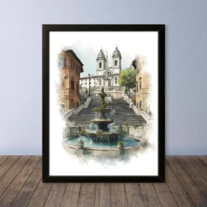 Cornice Quadro Disegno Acquarello su Roma (Colosseo, Piazza di Spagna, Vaticano) – Arte [S1] 007