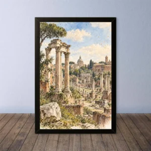 Cornice Quadro Disegno Acquarello su Roma (Colosseo, Piazza di Spagna, Vaticano) – Arte [S3] 007