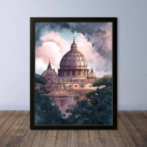 Cornice Quadro Disegno Acquarello su Roma (Colosseo, Piazza di Spagna, Vaticano) – Arte [S1] 009