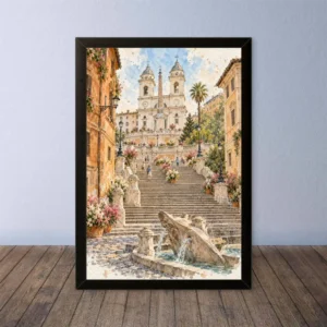Cornice Quadro Disegno Acquarello su Roma (Colosseo, Piazza di Spagna, Vaticano) – Arte [S3] 008