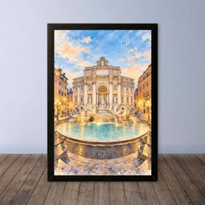 Cornice Quadro Disegno Acquarello su Roma (Colosseo, Piazza di Spagna, Vaticano) – Arte [S4] 009