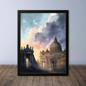 Cornice Quadro Disegno Acquarello su Roma (Colosseo, Piazza di Spagna, Vaticano) – Arte [S1] 010