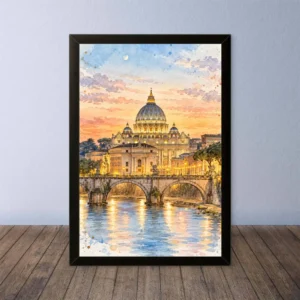 Cornice Quadro Disegno Acquarello su Roma (Colosseo, Piazza di Spagna, Vaticano) – Arte [S4] 010