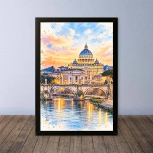 Cornice Quadro Disegno Acquarello su Roma (Colosseo, Piazza di Spagna, Vaticano) – Arte [S4] 013