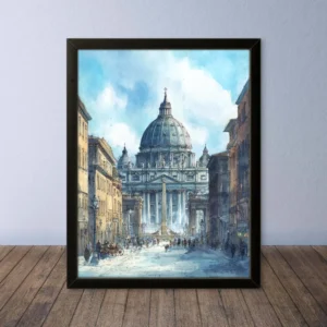 Cornice Quadro Disegno Acquarello su Roma (Colosseo, Piazza di Spagna, Vaticano) – Arte [S1] 015