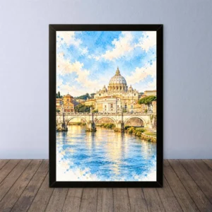 Cornice Quadro Disegno Acquarello su Roma (Colosseo, Piazza di Spagna, Vaticano) – Arte [S4] 015