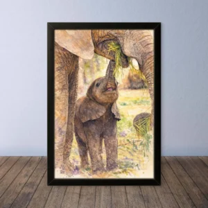 Cornice Quadro Disegno Acquarello su Elefanti (Animali e Natura) Arte [S1] 016