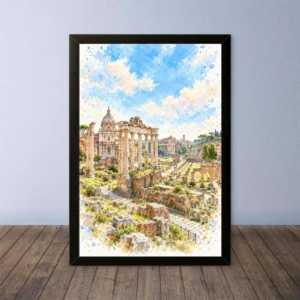 Cornice Quadro Disegno Acquarello su Roma (Colosseo, Piazza di Spagna, Vaticano) – Arte [S4] 017