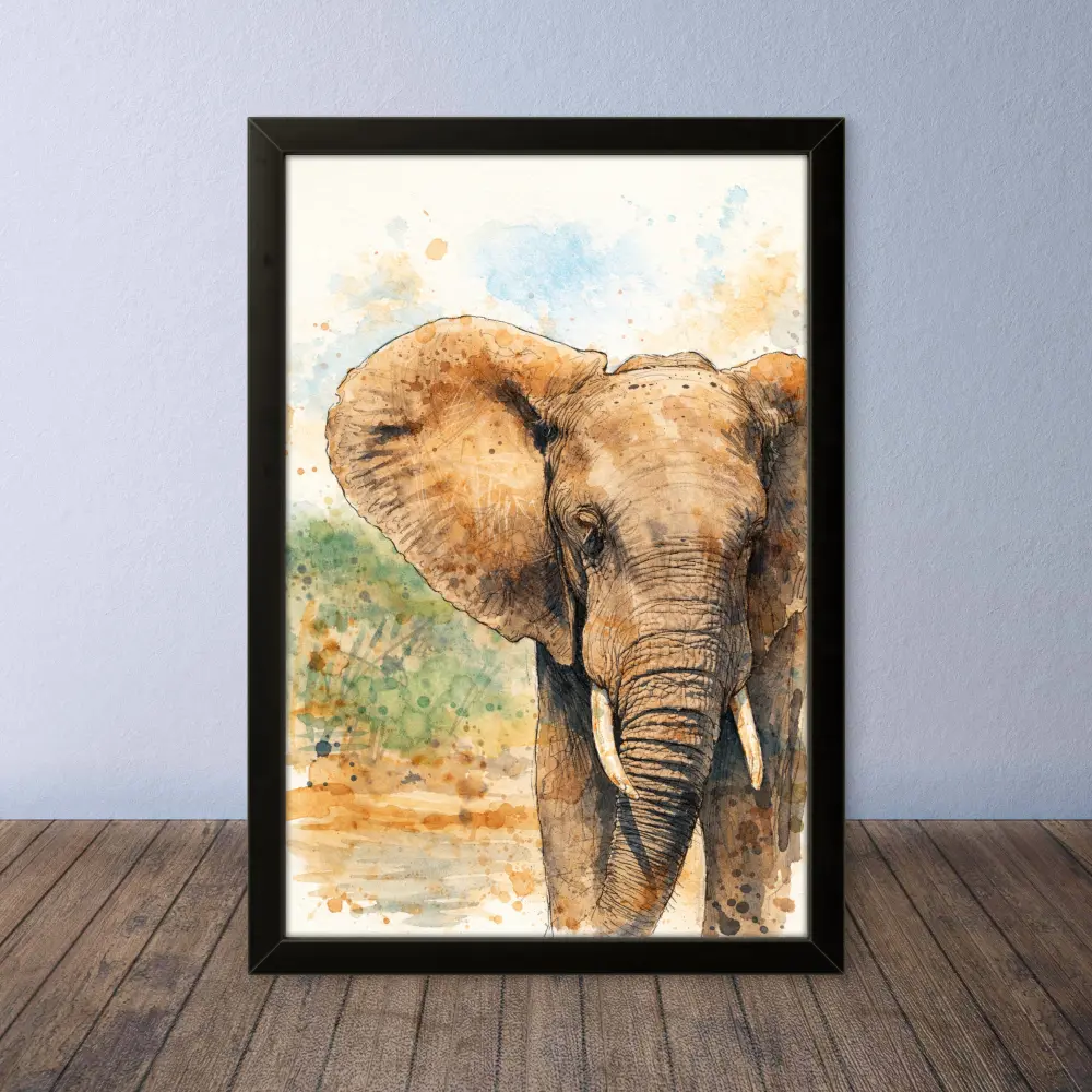 Cornice Quadro Disegno Acquarello su Elefanti (Animali e Natura) Arte [S1] 020
