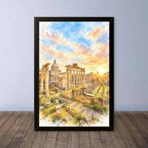 Cornice Quadro Disegno Acquarello su Roma (Colosseo, Piazza di Spagna, Vaticano) – Arte [S4] 020