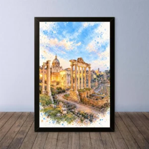 Cornice Quadro Disegno Acquarello su Roma (Colosseo, Piazza di Spagna, Vaticano) – Arte [S4] 021