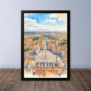 Cornice Quadro Disegno Acquarello su Roma (Colosseo, Piazza di Spagna, Vaticano) – Arte [S4] 022