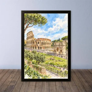 Cornice Quadro Disegno Acquarello su Roma (Colosseo, Piazza di Spagna, Vaticano) – Arte [S4] 023