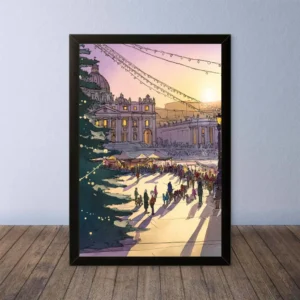 Cornice Quadro Disegno Acquarello su Roma (Colosseo, Piazza di Spagna, Vaticano) – Arte [S6] 023