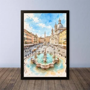 Cornice Quadro Disegno Acquarello su Roma (Colosseo, Piazza di Spagna, Vaticano) – Arte [S4] 024