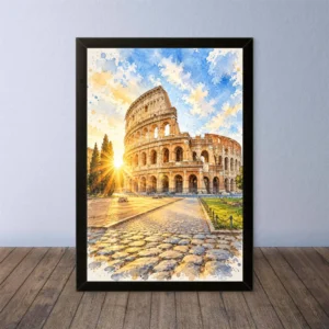 Cornice Quadro Disegno Acquarello su Roma (Colosseo, Piazza di Spagna, Vaticano) – Arte [S4] 025