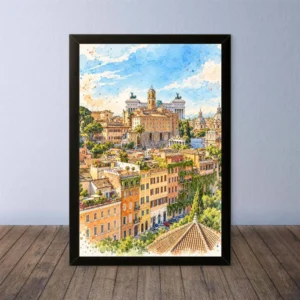 Cornice Quadro Disegno Acquarello su Roma (Colosseo, Piazza di Spagna, Vaticano) – Arte [S4] 026