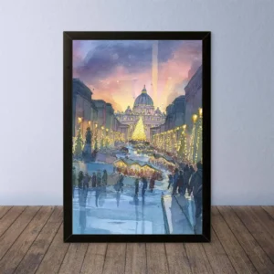 Cornice Quadro Disegno Acquarello su Roma (Colosseo, Piazza di Spagna, Vaticano) – Arte [S6] 026