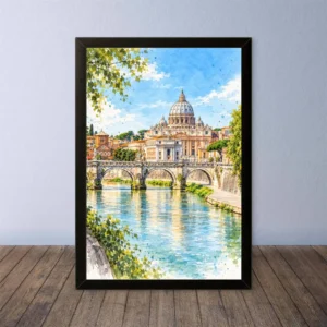 Cornice Quadro Disegno Acquarello su Roma (Colosseo, Piazza di Spagna, Vaticano) – Arte [S4] 027