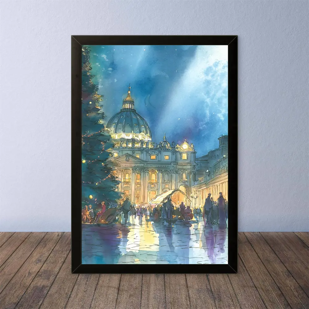 Cornice Quadro Disegno Acquarello su Roma (Colosseo, Piazza di Spagna, Vaticano) – Arte [S6] 027