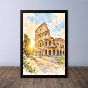 Cornice Quadro Disegno Acquarello su Roma (Colosseo, Piazza di Spagna, Vaticano) – Arte [S4] 028