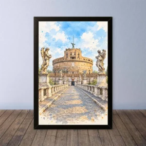 Cornice Quadro Disegno Acquarello su Roma (Colosseo, Piazza di Spagna, Vaticano) – Arte [S4] 029