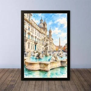 Cornice Quadro Disegno Acquarello su Roma (Colosseo, Piazza di Spagna, Vaticano) – Arte [S4] 030