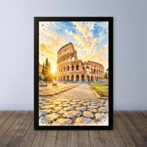 Cornice Quadro Disegno Acquarello su Roma (Colosseo, Piazza di Spagna, Vaticano) – Arte [S4] 031
