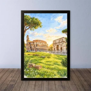 Cornice Quadro Disegno Acquarello su Roma (Colosseo, Piazza di Spagna, Vaticano) – Arte [S4] 033