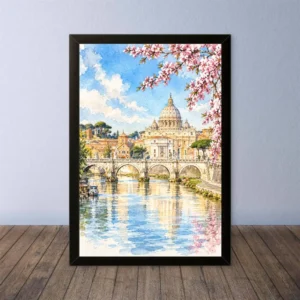 Cornice Quadro Disegno Acquarello su Roma (Colosseo, Piazza di Spagna, Vaticano) – Arte [S4] 034