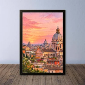 Cornice Quadro Disegno Acquarello su Roma (Colosseo, Piazza di Spagna, Vaticano) – Arte [S4] 035