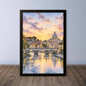Cornice Quadro Disegno Acquarello su Roma (Colosseo, Piazza di Spagna, Vaticano) – Arte [S4] 036