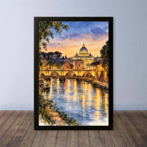 Cornice Quadro Disegno Acquarello su Roma (Colosseo, Piazza di Spagna, Vaticano) – Arte [S4] 038