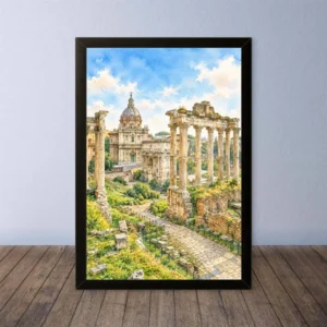 Cornice Quadro Disegno Acquarello su Roma (Colosseo, Piazza di Spagna, Vaticano) – Arte [S4] 039