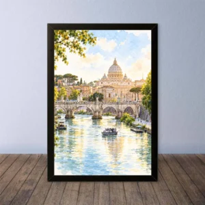 Cornice Quadro Disegno Acquarello su Roma (Colosseo, Piazza di Spagna, Vaticano) – Arte [S4] 040