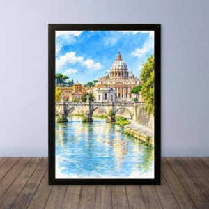 Cornice Quadro Disegno Acquarello su Roma (Colosseo, Piazza di Spagna, Vaticano) – Arte [S4] 041